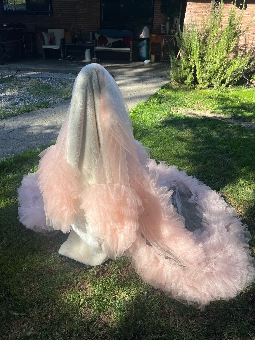 Delicate Pink Tulle Robe with Ruffle Train